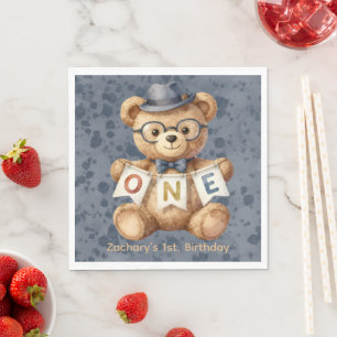 Watercolor Teddy Bear with ONE Banner Birthday Napkin