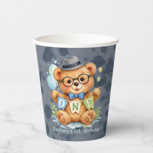 Watercolor Teddy Bear with ONE Banner Birthday  Paper Cups