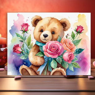 Watercolor Teddy Bear with Roses Print Poster 