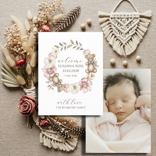 Watercolor Teddy Bear Wreath Photo  Announcement