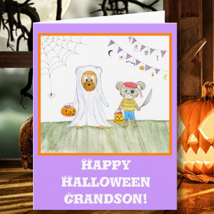 Watercolor Teddy Bears Happy Halloween Grandson Card