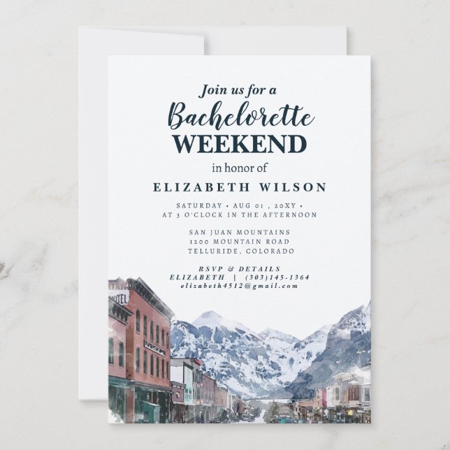 Watercolor Telluride Co Bachelorette Mountain Invitation (Front)