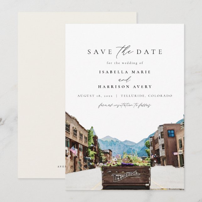 Watercolor Telluride Colorado Ski Save the Date Invitation (Front/Back)