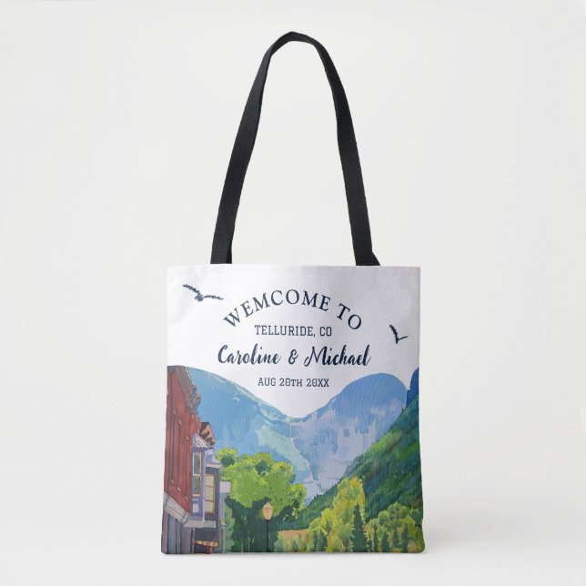 Watercolor Telluride Colorado wedding Mountain Tote Bag (Front)