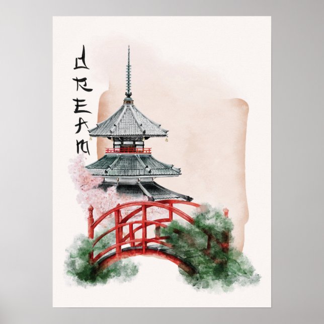 Watercolor Temple Red Bridge Japanese Art Poster (Front)