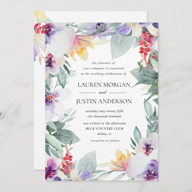 watercolor tender spring floral wedding invitation (Front/Back)