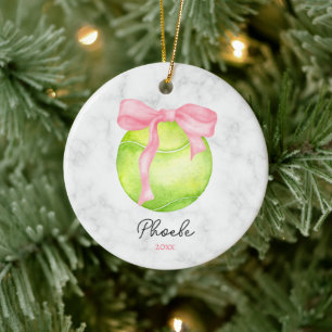 Watercolor Tennis Ball ft Preppy Pink Coquette Bow Ceramic Tree Decoration