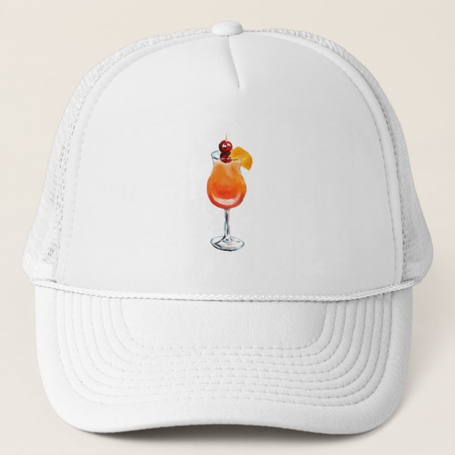 Watercolor Tequila Sunrise Cocktail Trucker Hat (Front)