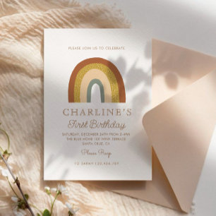 Watercolor Terracota Rainbow Simple 1st Birthday Invitation