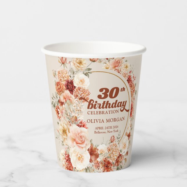 Watercolor terracotta burgundy 30th birthday  paper cups (Back)