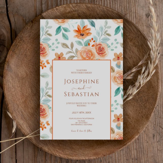Watercolor Terracotta Burnt Orange Floral Wedding Invitation (Creator Uploaded)