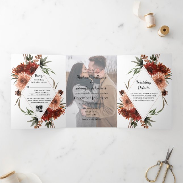 watercolor Terracotta Fall autumn photo wedding Tri-Fold Invitation (Inside)