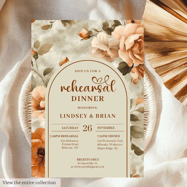 Watercolor Terracotta Floral Wedding Rehearsal Invitation (Watercolor Terracotta Olive Floral Wedding Rehearsal Invitation)
