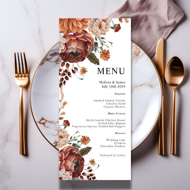 Watercolor Terracotta Floral White Wedding Menu (Watercolor Terracotta Floral White Wedding Menu

Other color options available)