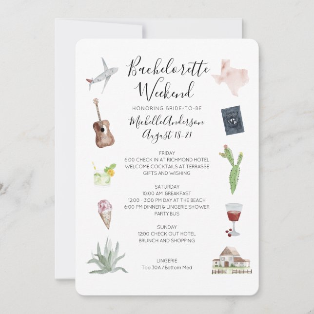 Watercolor Texas Bachelorette Weekend Itinerary Invitation (Front)
