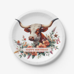 Watercolor Texas Longhorn Birthday Paper Plate