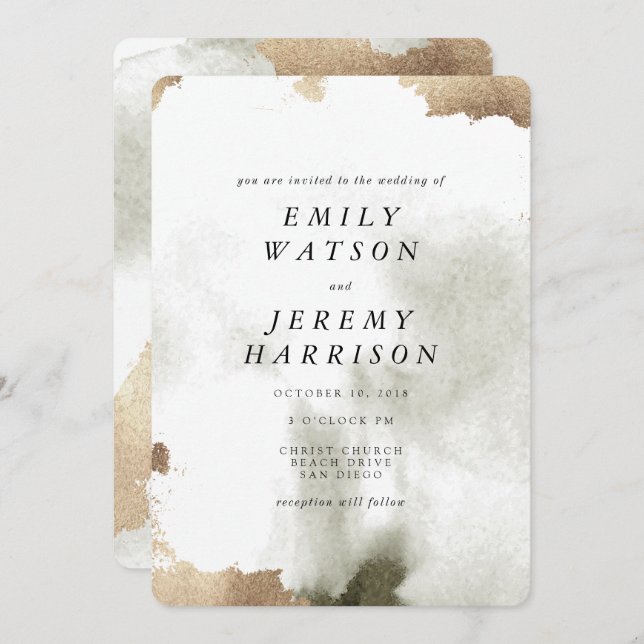 Watercolor Texture Grey Marble Wedding Invitation (Front/Back)