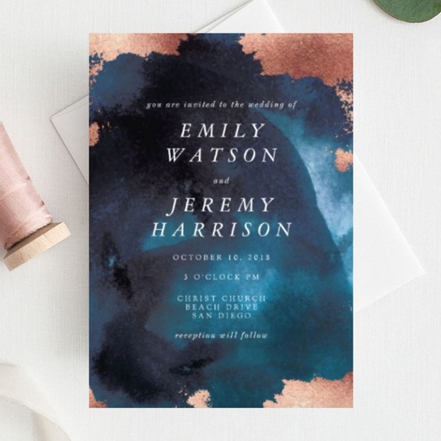 Watercolor Texture Moody Navy Wedding Invitation (Creator Uploaded)