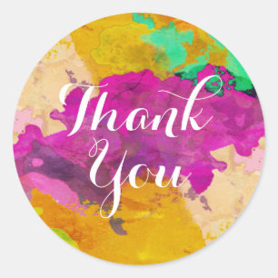 Watercolor Thank You Pink Rainbow Splatter Brushed Classic Round Sticker