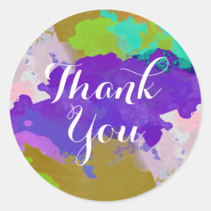 Watercolor Thank You Purple Rainbow Splatter Brush Classic Round Sticker