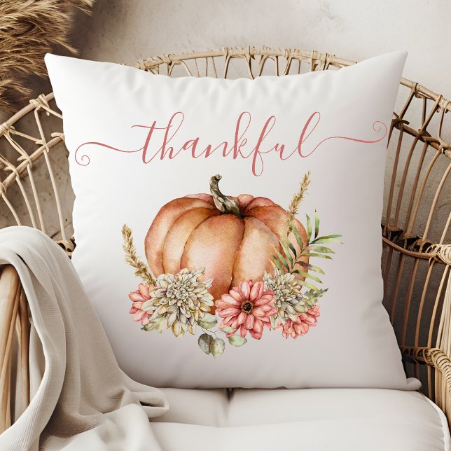 Watercolor Thankful Autumn Fall Pumpkin Floral Thr Cushion (Creator Uploaded)