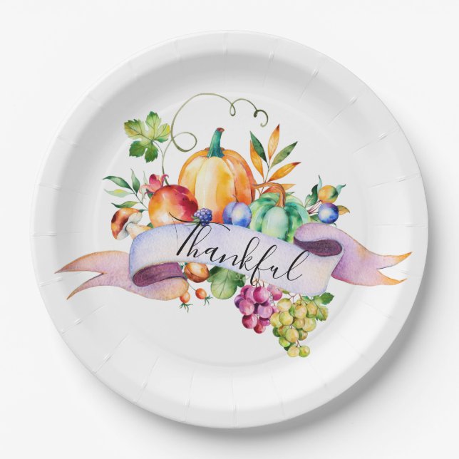 Watercolor "Thankful" Banner Thanksgiving Pumpkin Paper Plate (Front)