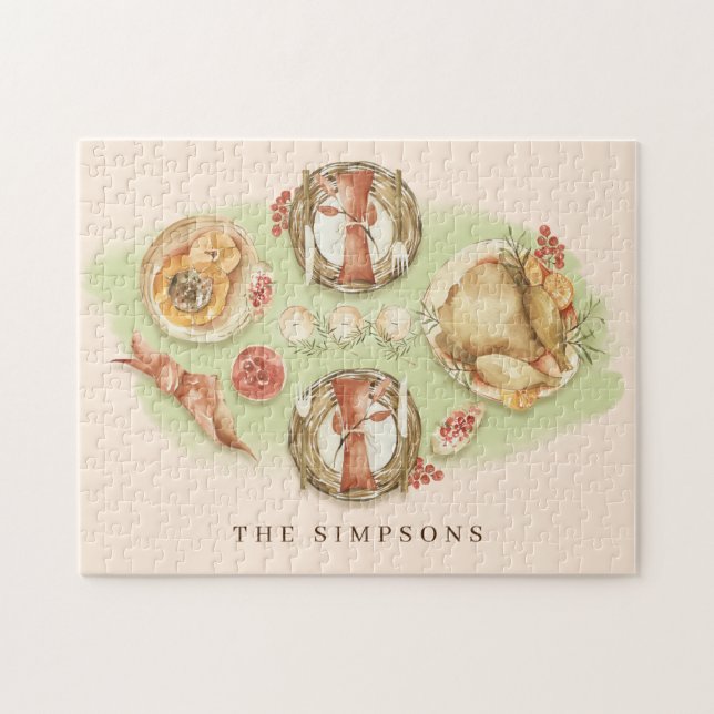 Watercolor Thanksgiving Dinner Family Jigsaw Puzzle (Horizontal)