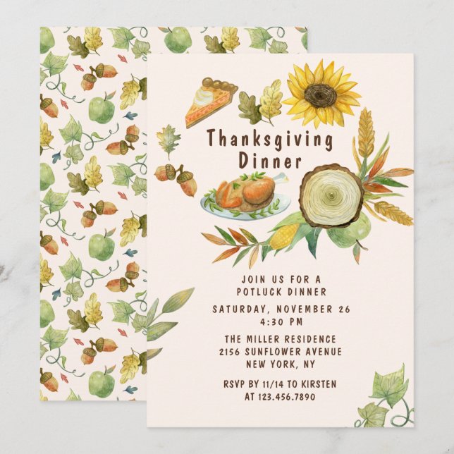 Watercolor Thanksgiving Dinner Feast Invitation (Front/Back)