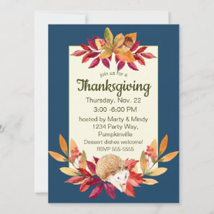 Watercolor Thanksgiving Hedgehog, Acorns, Berries Invitation