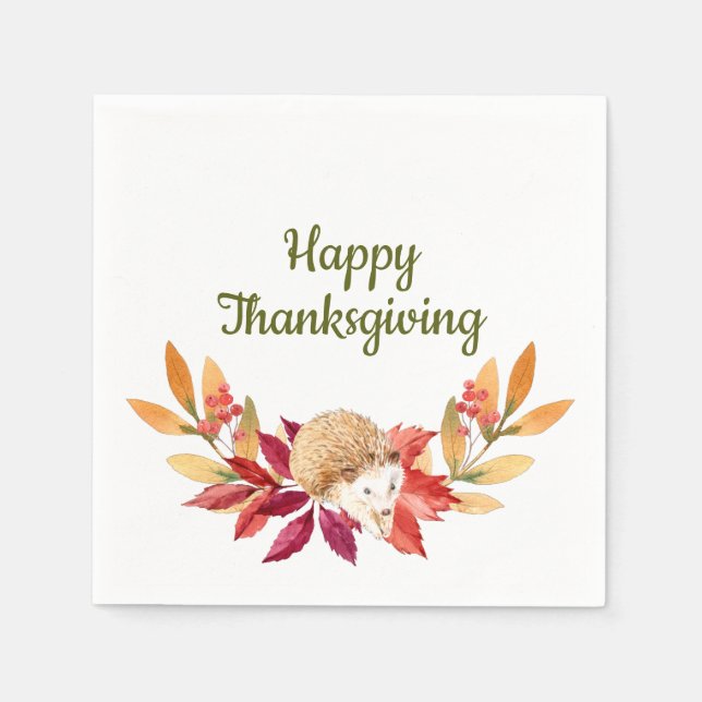 Watercolor Thanksgiving Hedgehog, Acorns, Berries Napkin (Front)