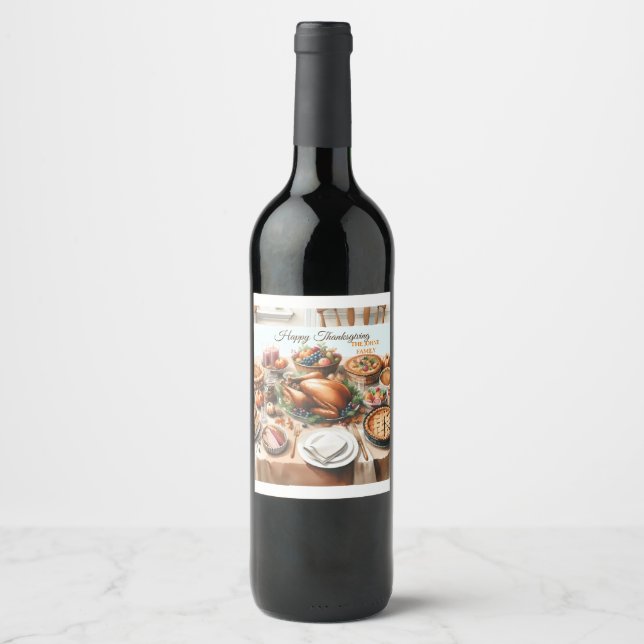 Watercolor Thanksgiving Illustration Wine Label (Front)