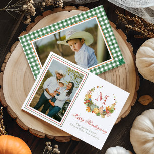 Watercolor Thanksgiving Monogram Wreath Photo Holiday Card