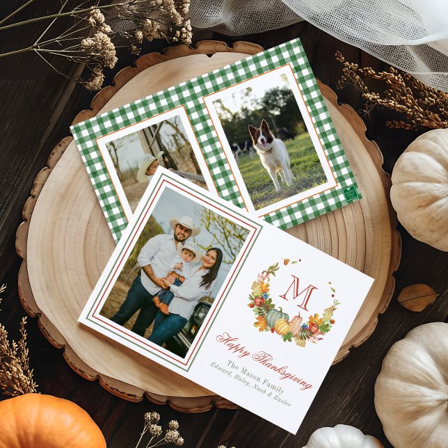 Watercolor Thanksgiving Monogram Wreath Photo Holiday Card (Creator Uploaded)