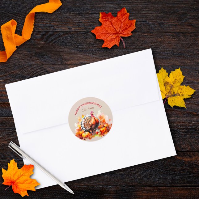 Watercolor Thanksgiving Turkey and Pumpkins  Classic Round Sticker (Creator Uploaded)