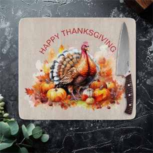 Watercolor Thanksgiving Turkey and Pumpkins Cutting Board