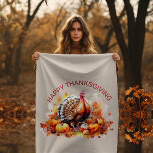 Watercolor Thanksgiving Turkey and Pumpkins  Fleece Blanket