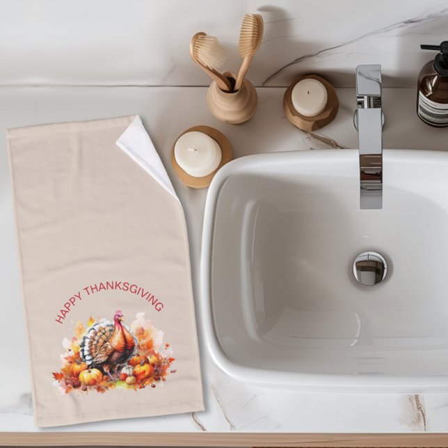 Watercolor Thanksgiving Turkey and Pumpkins  Hand Towel (Creator Uploaded)