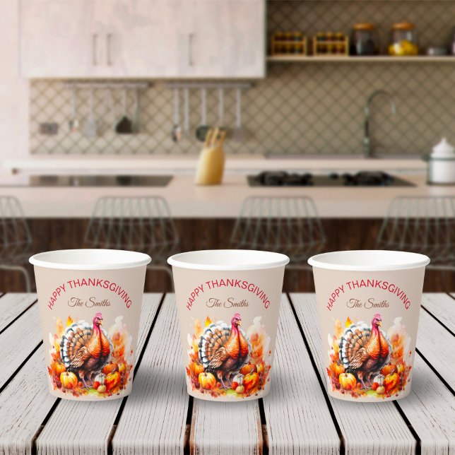 Watercolor Thanksgiving Turkey and Pumpkins  Paper Cups (Creator Uploaded)