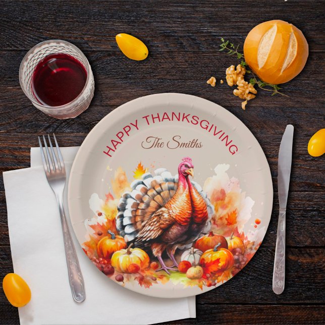 Watercolor Thanksgiving Turkey and Pumpkins  Paper Plate (Creator Uploaded)
