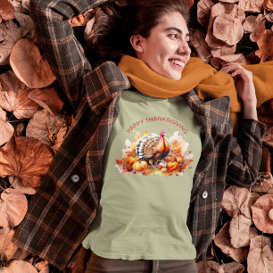 Watercolor Thanksgiving Turkey and Pumpkins  T-Shirt