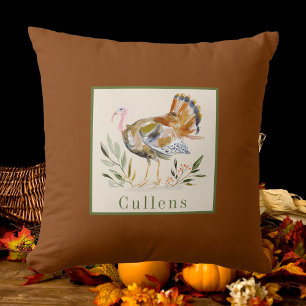 Watercolor Thanksgiving Turkey Personalized Cushion