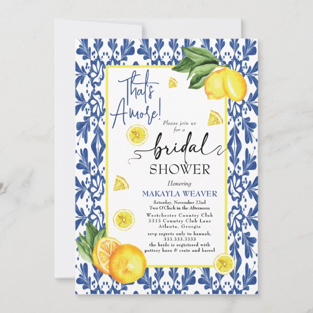 Watercolor That's Amore Lemon Bridal Shower Invitation (Front)