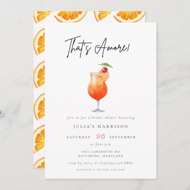 Watercolor That's Amore Spritz Bridal Shower Invitation (Front/Back)
