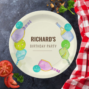 Watercolor Theme Pickleball Sports Birthday Party Paper Plate