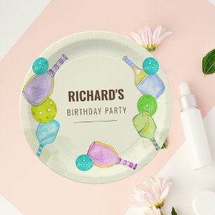Watercolor Theme Pickleball Sports Birthday Party Paper Plate
