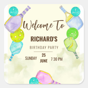 Watercolor Theme Pickleball Sports Birthday Party Square Sticker