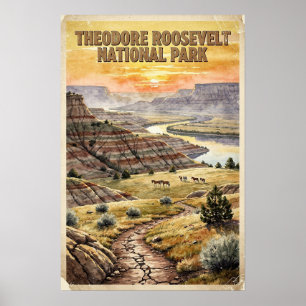 Watercolor Theodore Roosevelt National Park Retro Poster