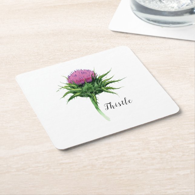 Watercolor Thistle Botanical Square Paper Coaster (Angled)