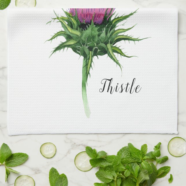 Watercolor Thistle Botanical  Tea Towel (Folded)