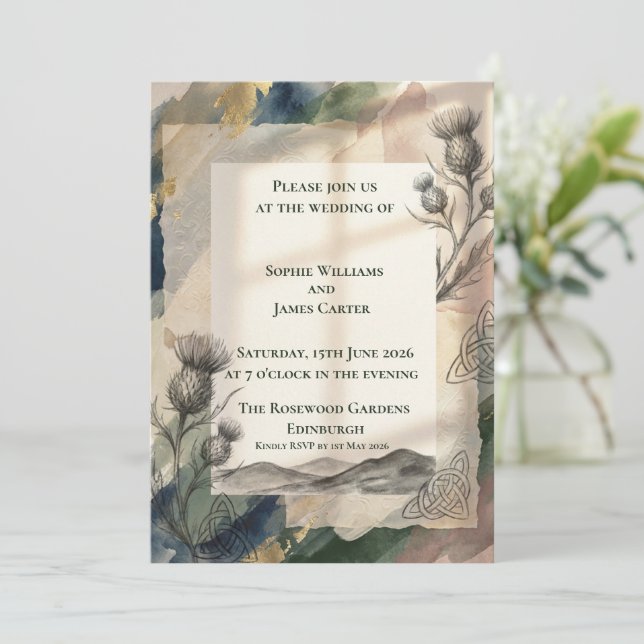 Watercolor Thistle & Celtic Knot Wedding Invitation (Standing Front)